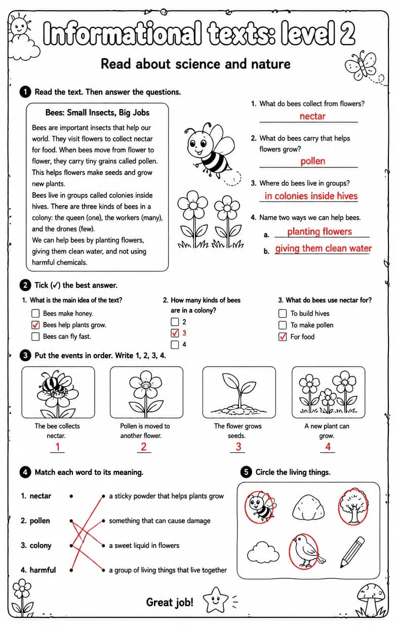 Answer key for Read about science and nature — free printable English & Reading worksheet
