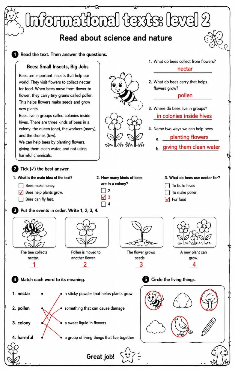 Answer key for Read about science and nature — free printable English & Reading worksheet