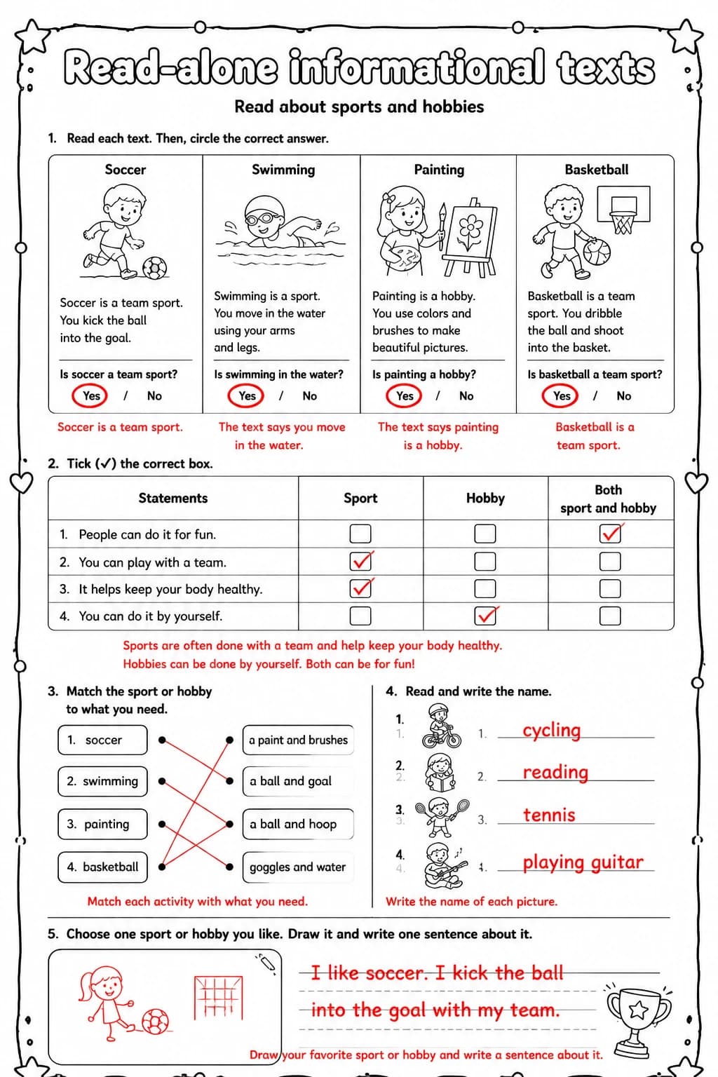 Answer key for Read about sports and hobbies — free printable English & Reading worksheet