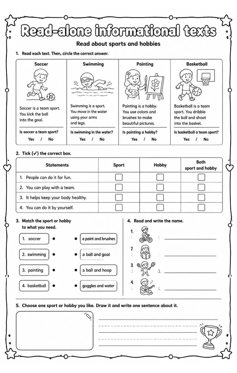 Read about sports and hobbies — free printable Reading strategies English worksheet