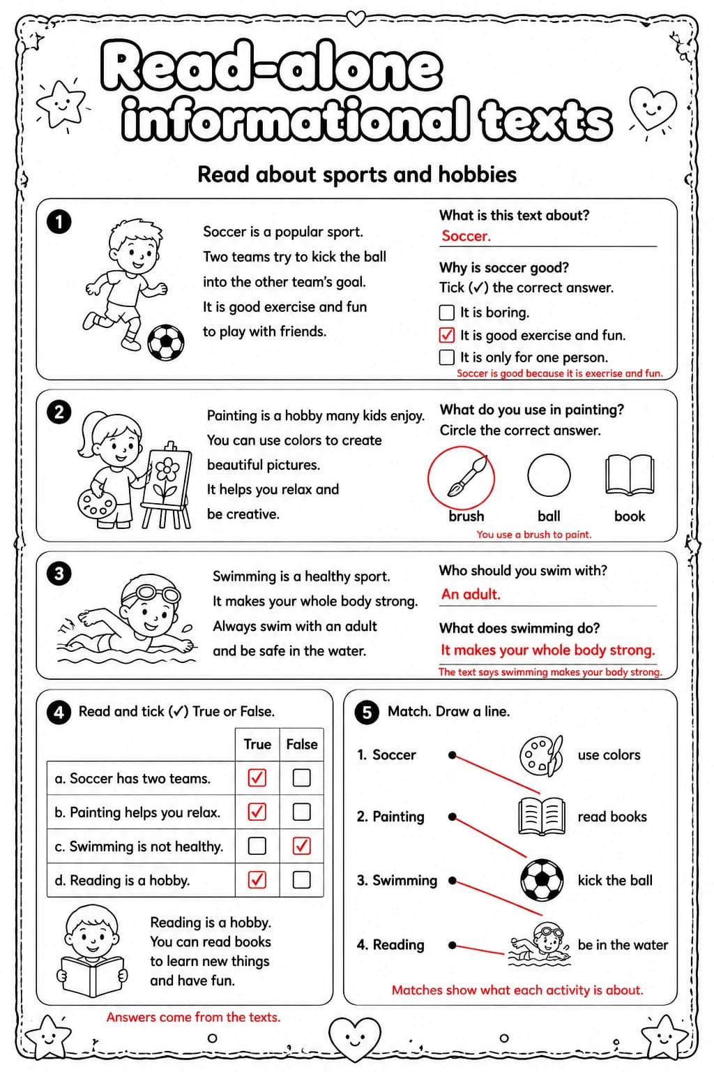 Answer key for Read about sports and hobbies — free printable English & Reading worksheet