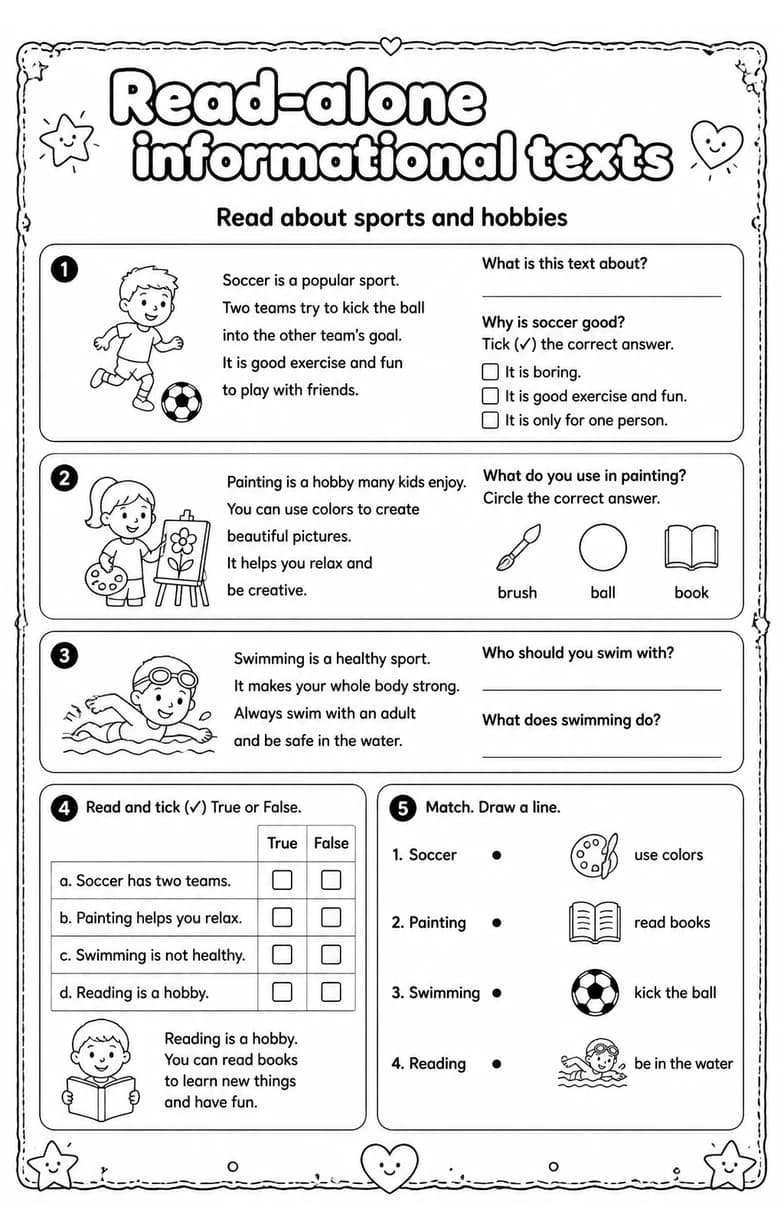 Read about sports and hobbies — free printable Grade 2 English & Reading worksheet