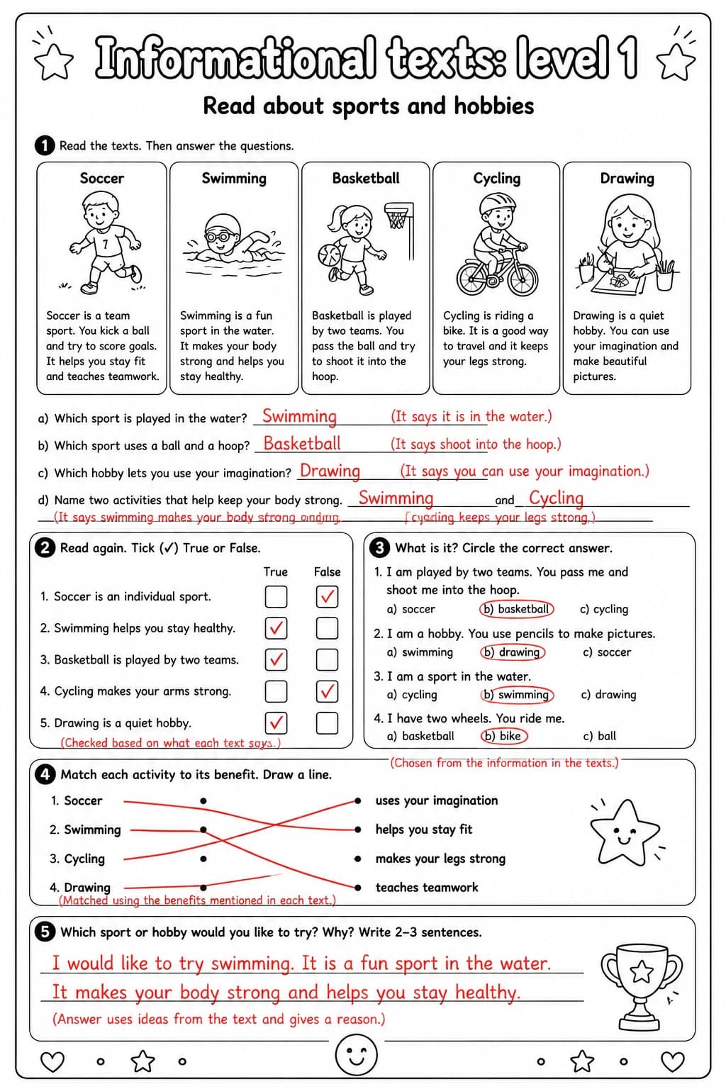 Answer key for Read about sports and hobbies — free printable English & Reading worksheet