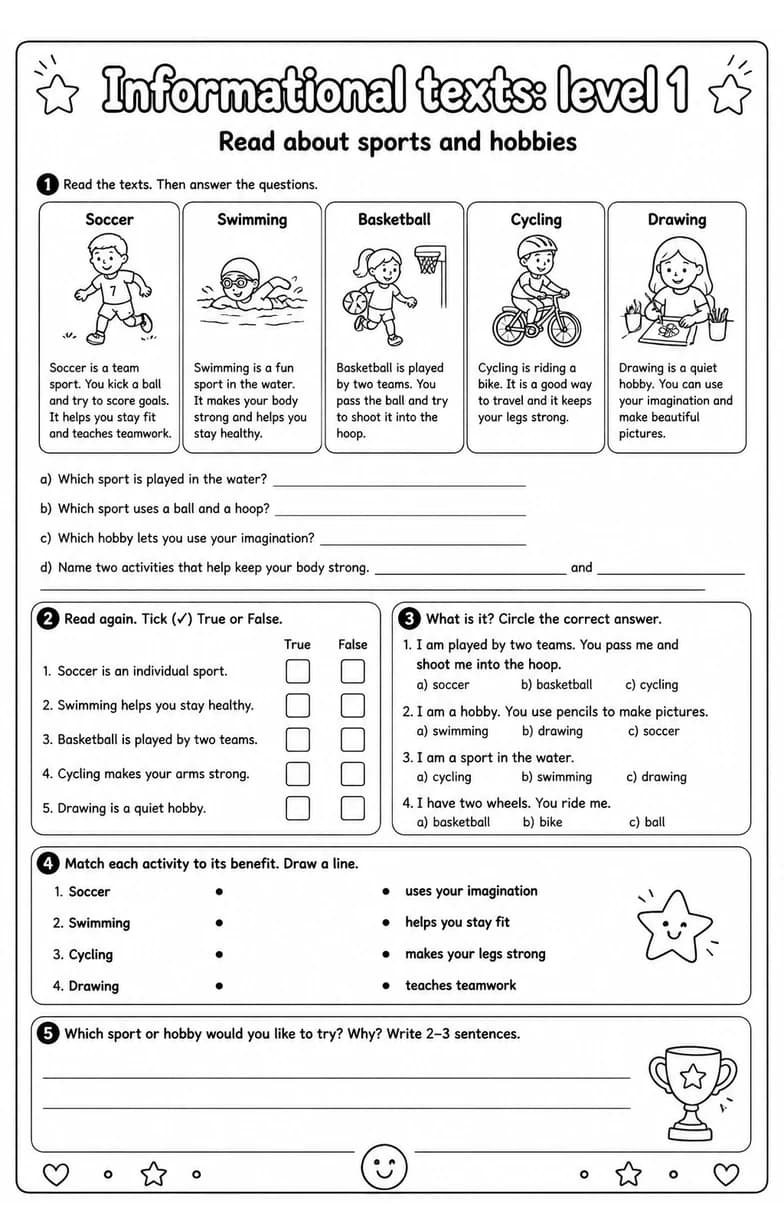 Read about sports and hobbies — free printable Grade 3 English & Reading worksheet