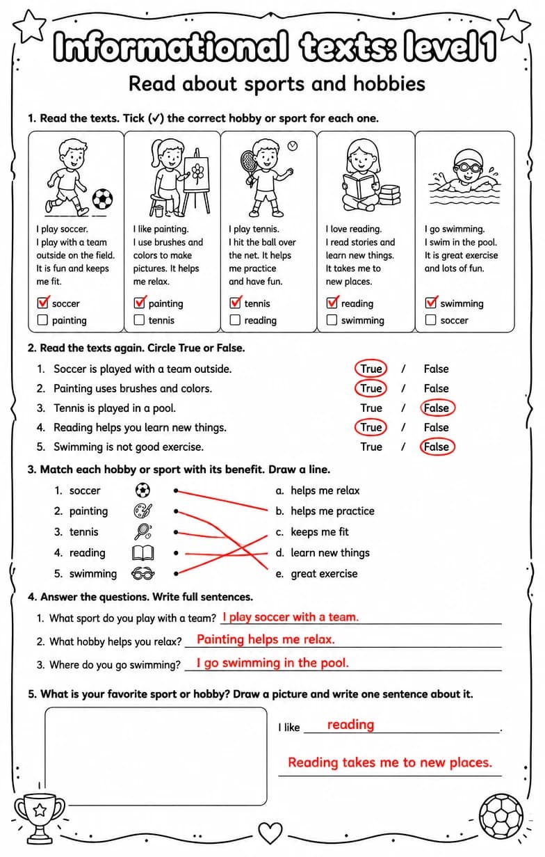 Answer key for Read about sports and hobbies — free printable English & Reading worksheet