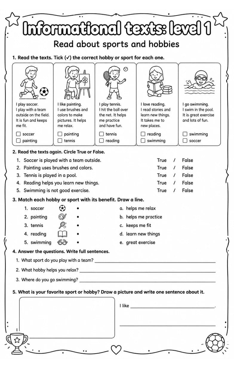 Read about sports and hobbies — free printable Reading strategies English worksheet