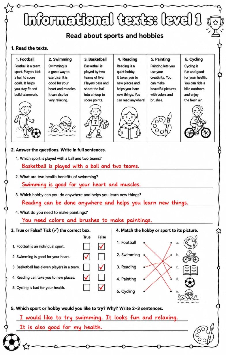 Answer key for Read about sports and hobbies — free printable English & Reading worksheet