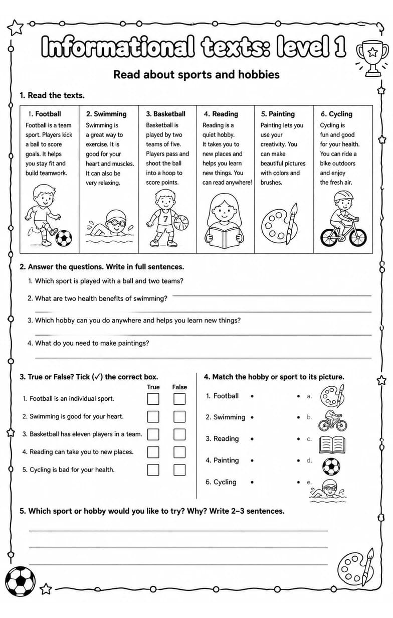 Read about sports and hobbies — free printable Reading strategies English worksheet