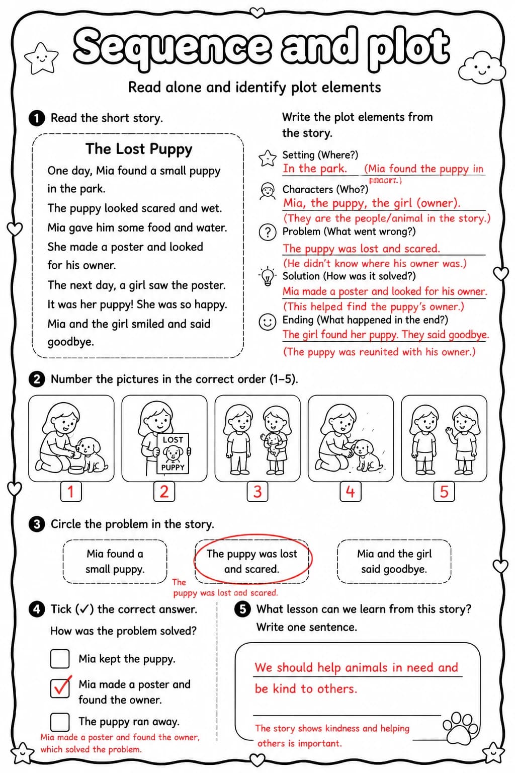 Answer key for Read alone and identify plot elements — free printable English & Reading worksheet