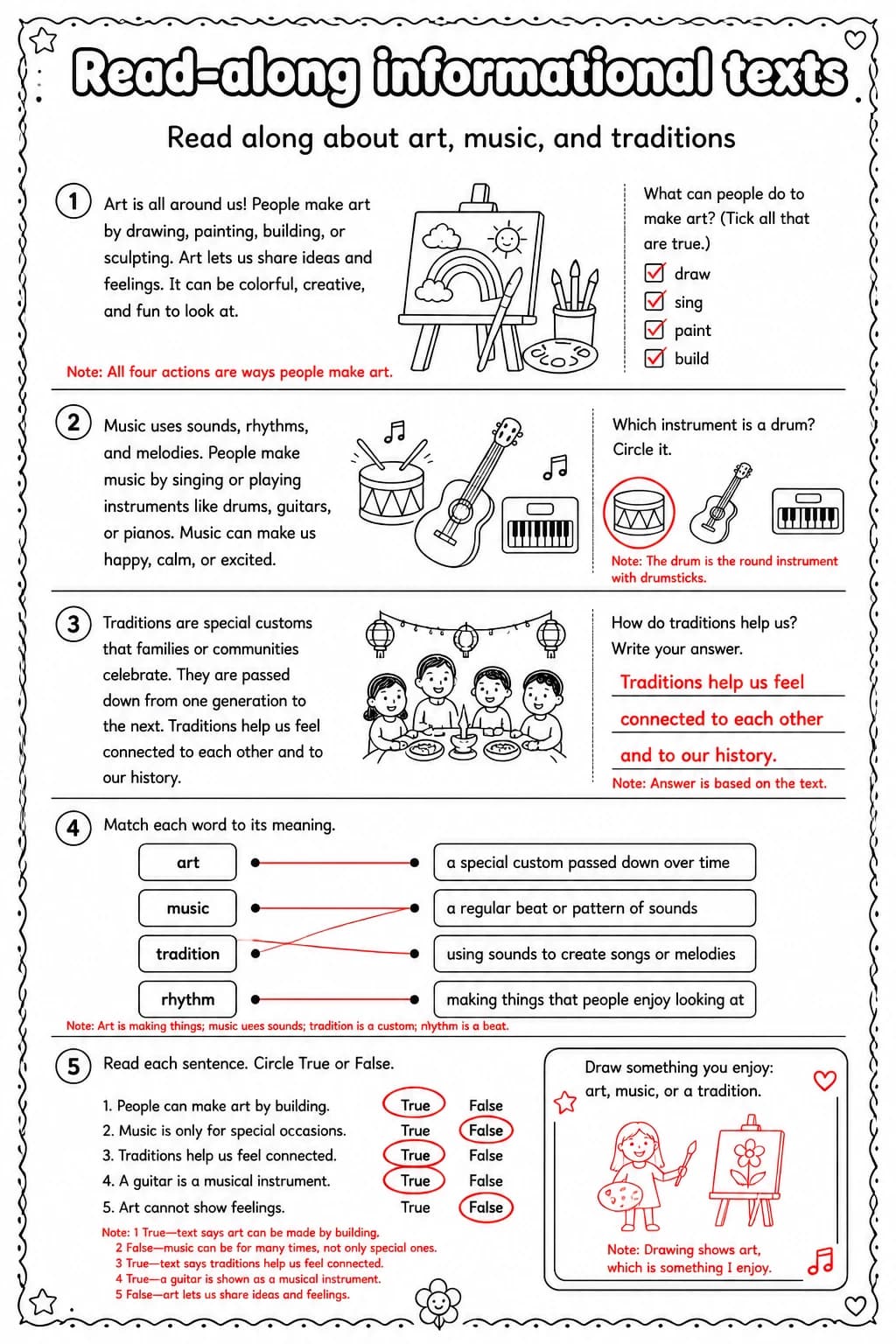 Answer key for Read along about art, music, and traditions — free printable English & Reading worksheet