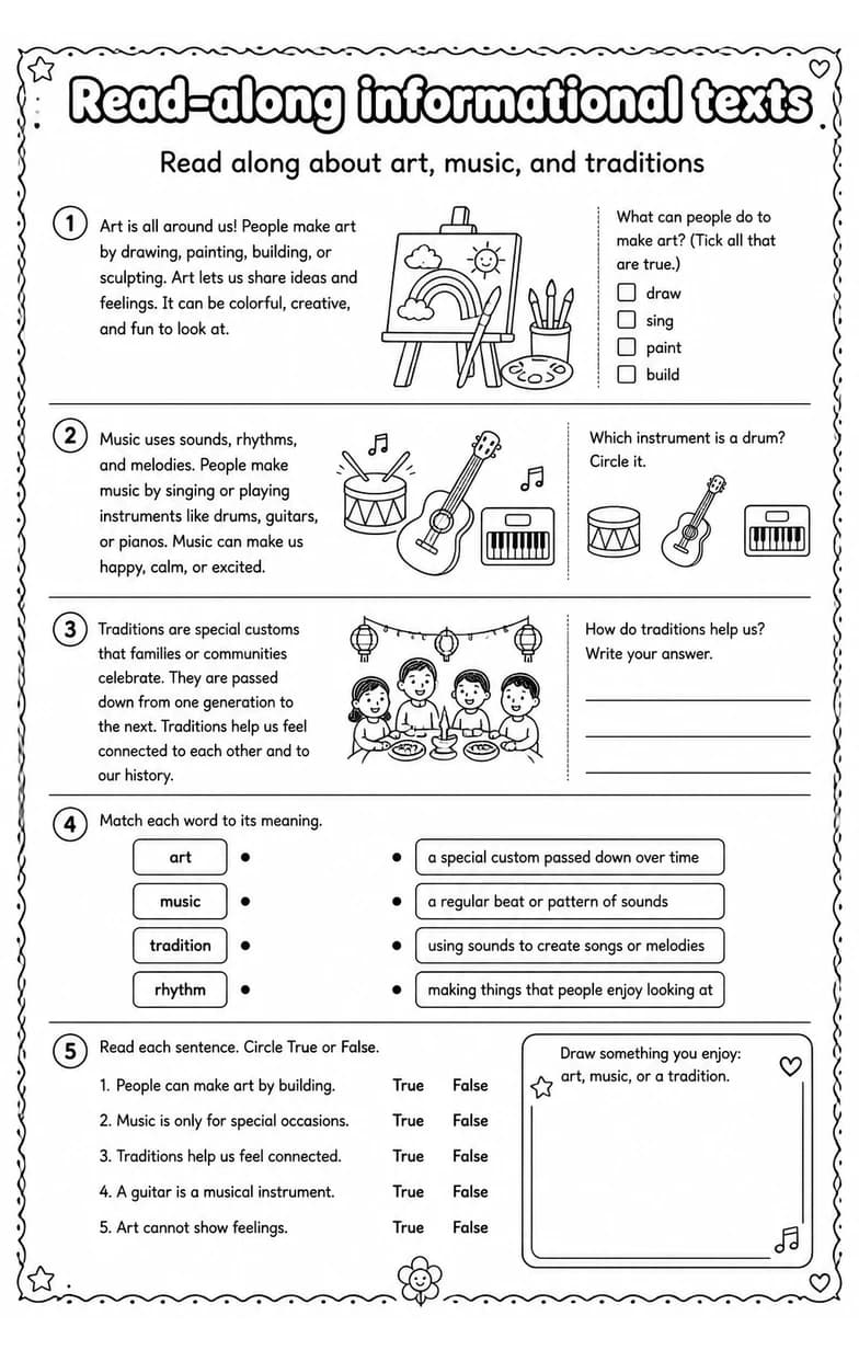 Read along about art, music, and traditions — free printable Reading strategies English worksheet