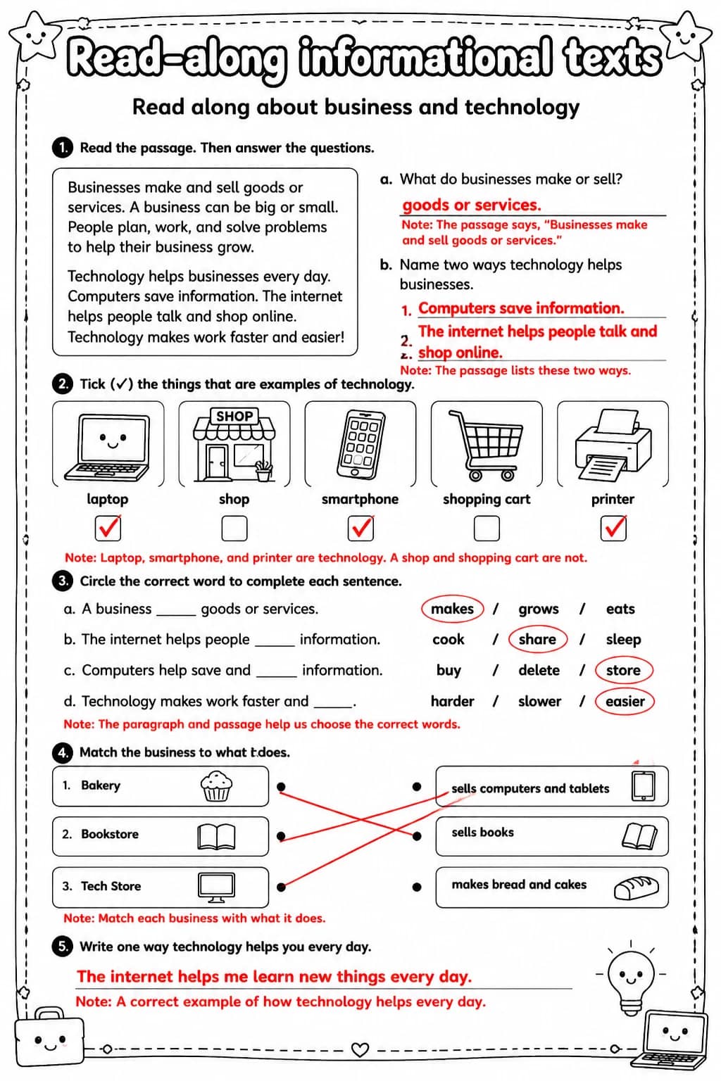 Answer key for Read along about business and technology — free printable English & Reading worksheet