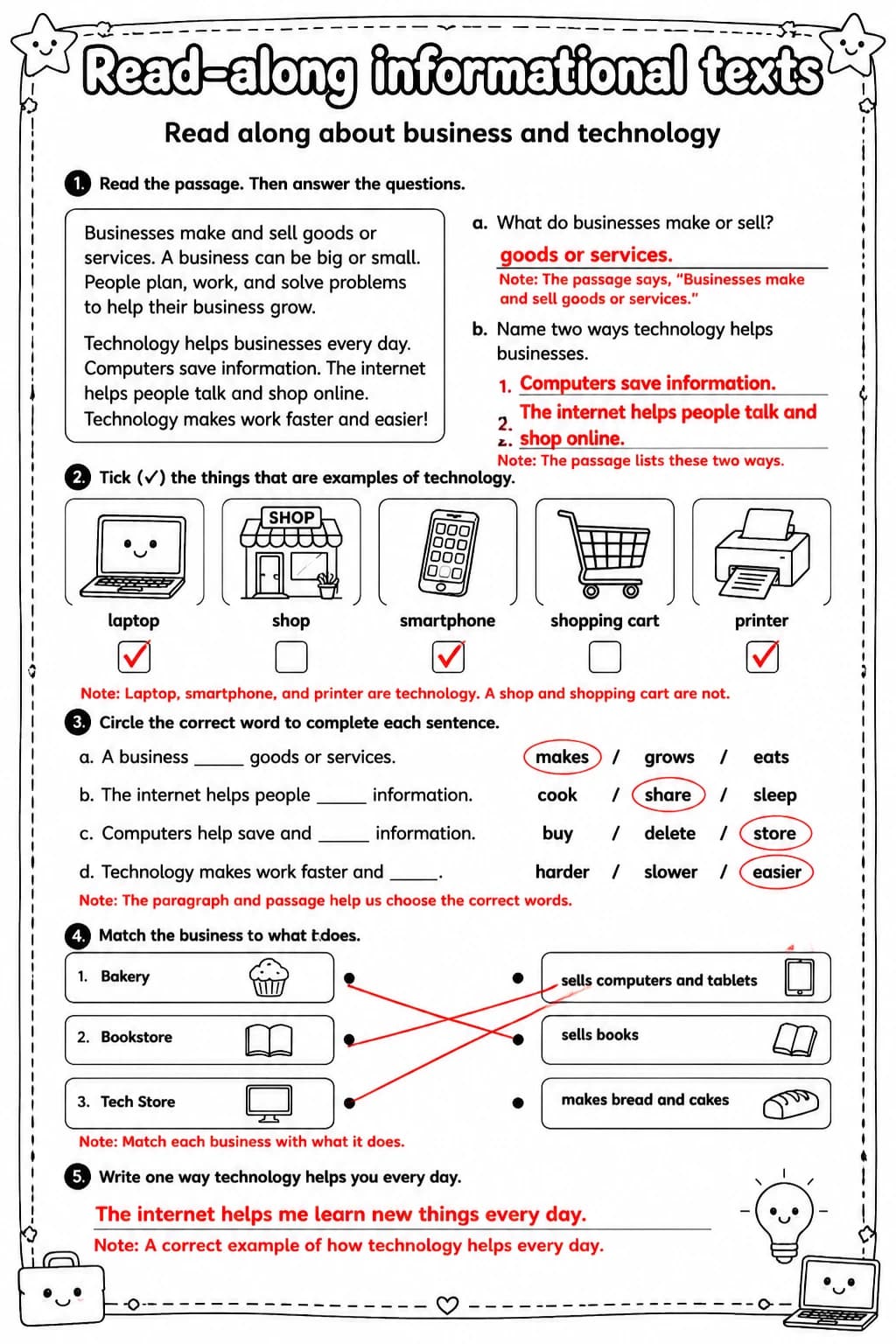 Answer key for Read along about business and technology — free printable English & Reading worksheet