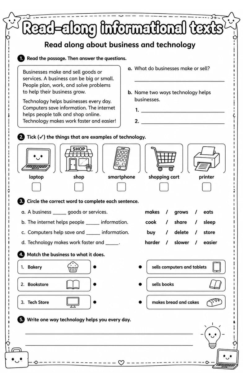 Read along about business and technology — free printable Reading strategies English worksheet