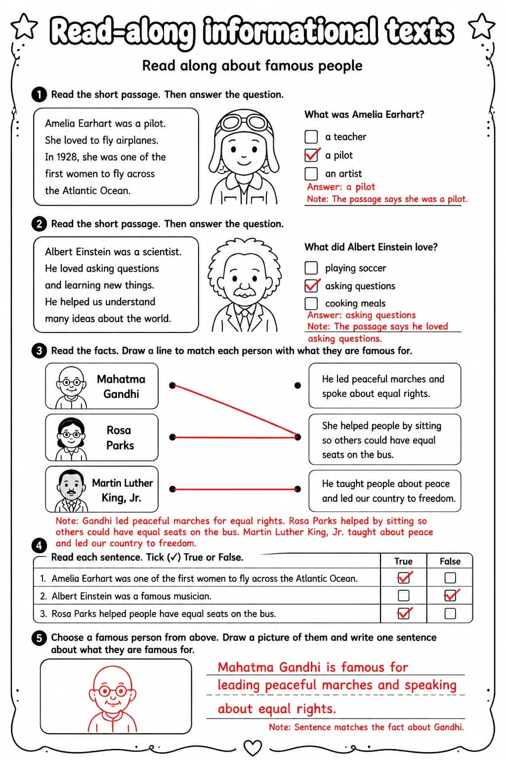 Answer key for Read along about famous people — free printable English & Reading worksheet