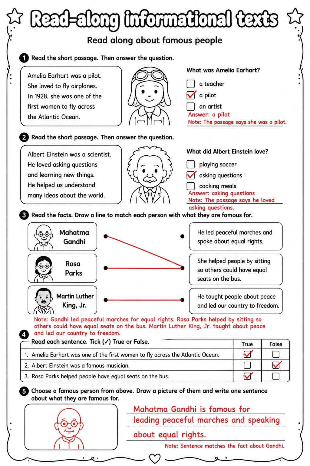 Answer key for Read along about famous people — free printable English & Reading worksheet