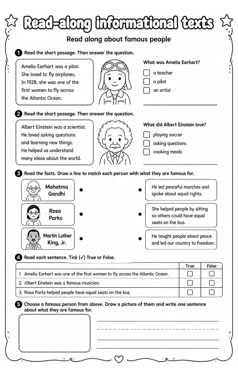 Read along about famous people — free printable Reading strategies English worksheet