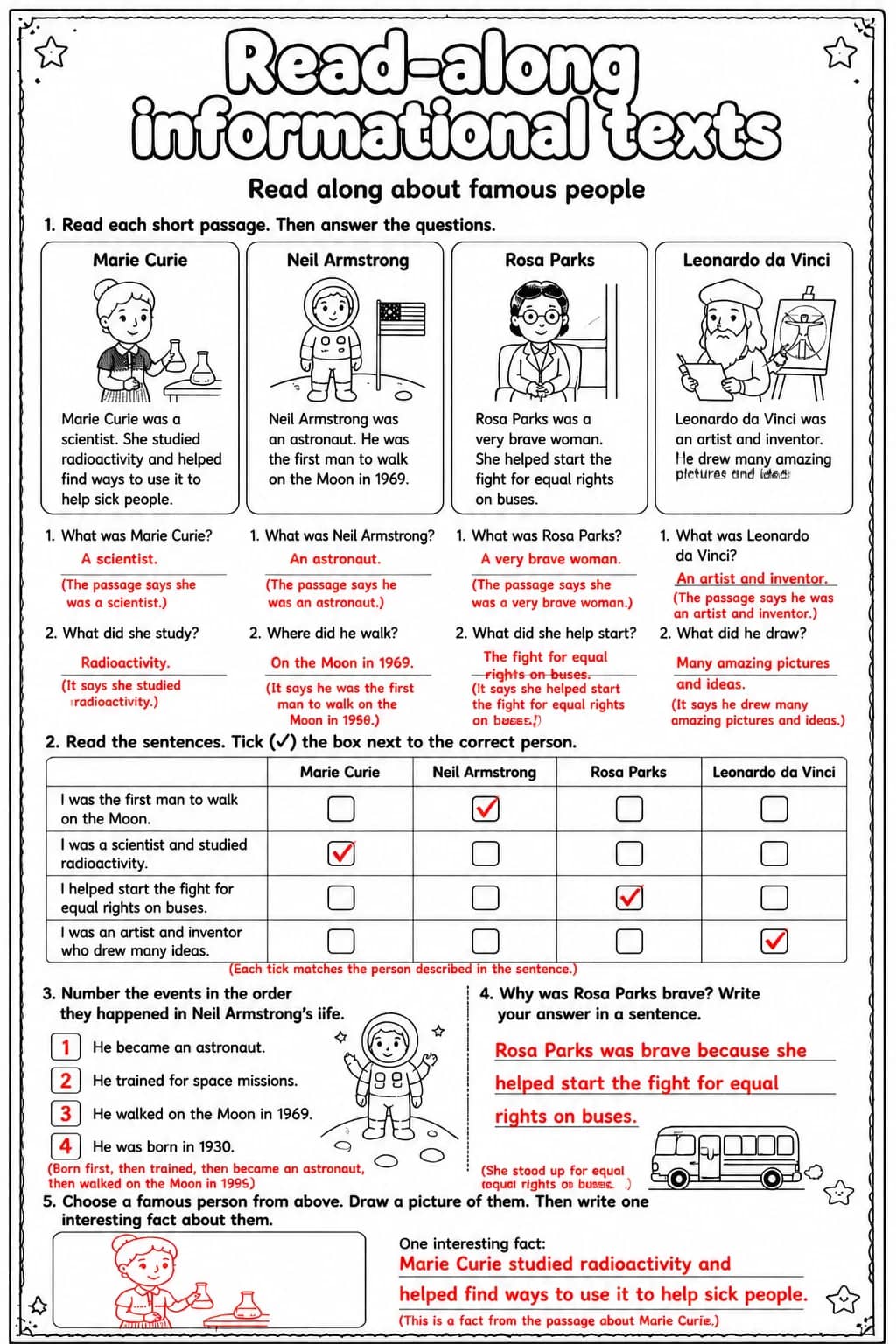 Answer key for Read along about famous people — free printable English & Reading worksheet