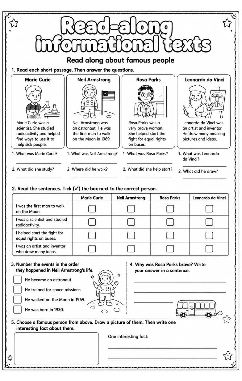 Read along about famous people — free printable Reading strategies English worksheet