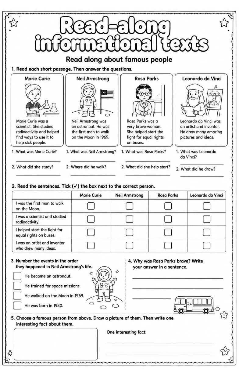 Read along about famous people — free printable Grade 2 English & Reading worksheet