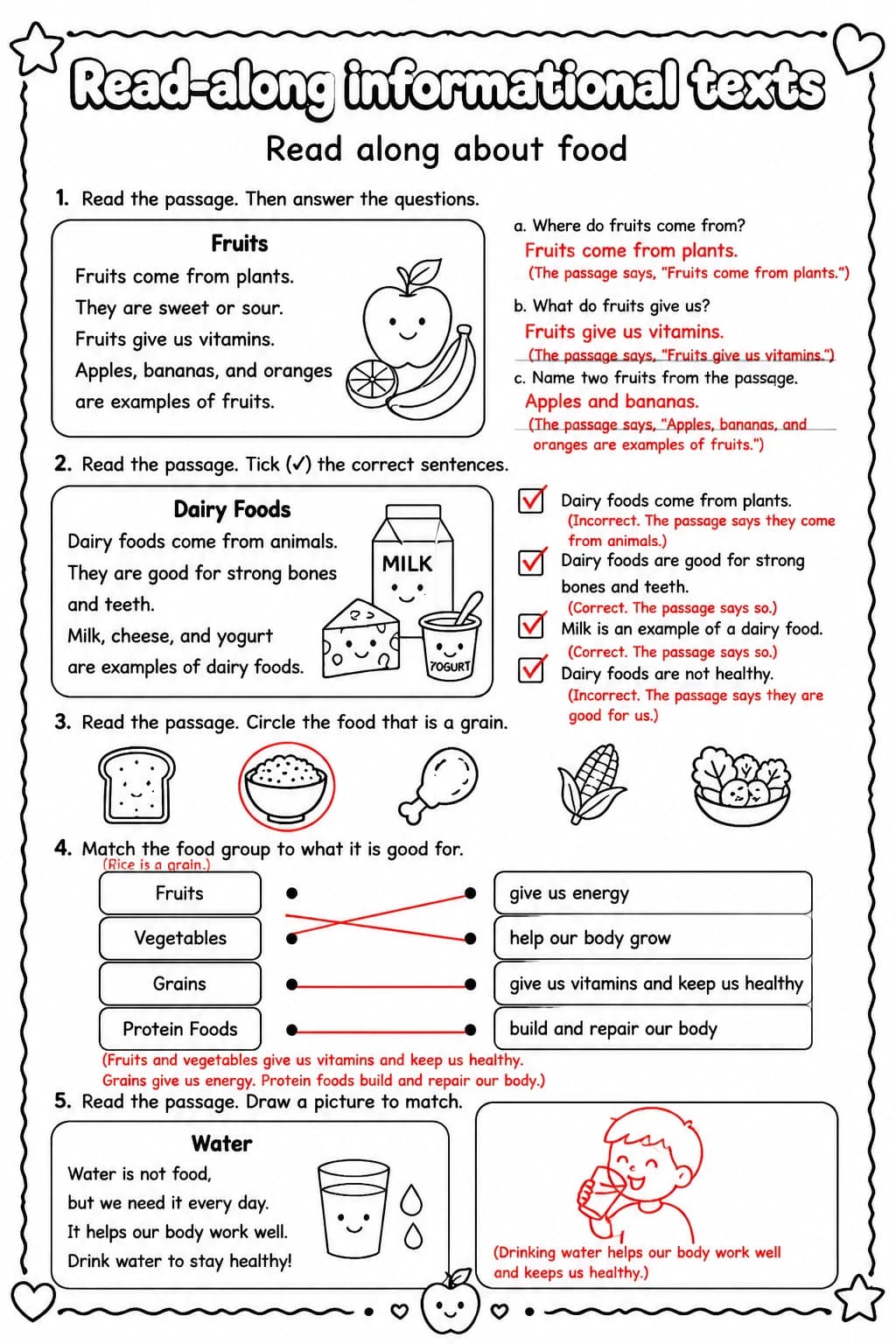 Answer key for Read along about food — free printable English & Reading worksheet