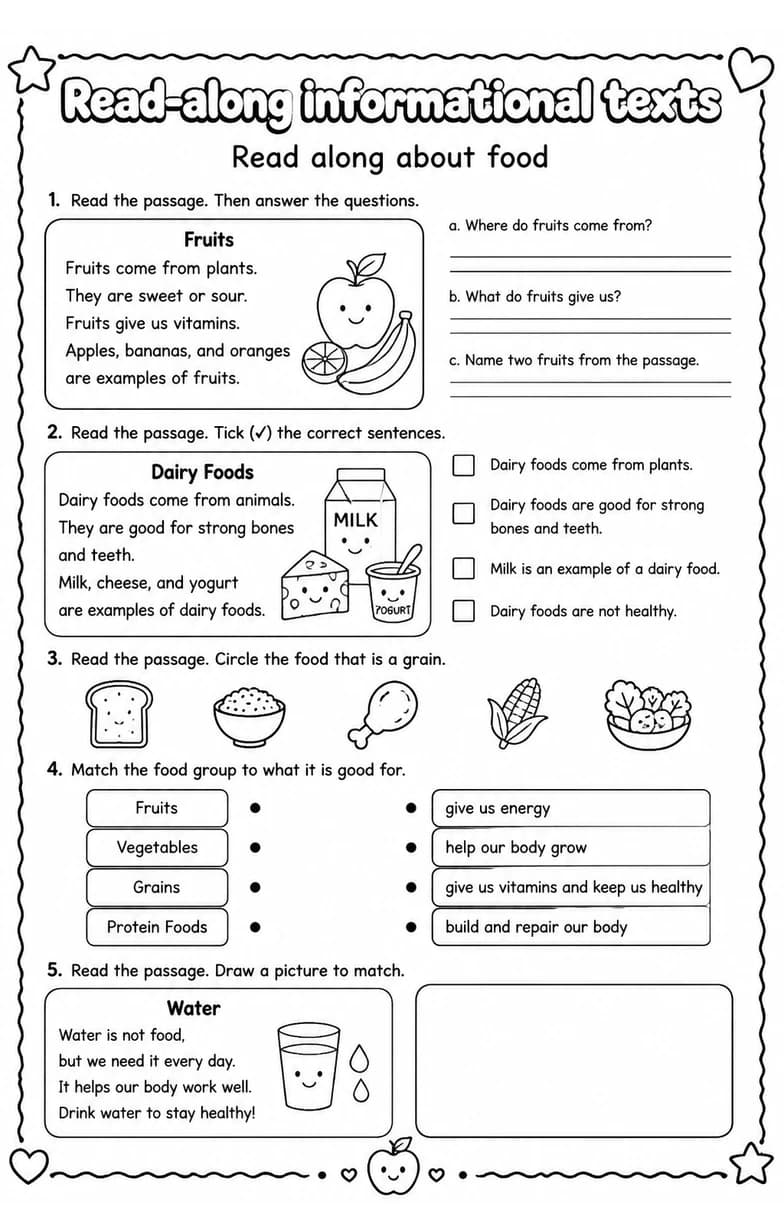 Read along about food — free printable Reading strategies English worksheet