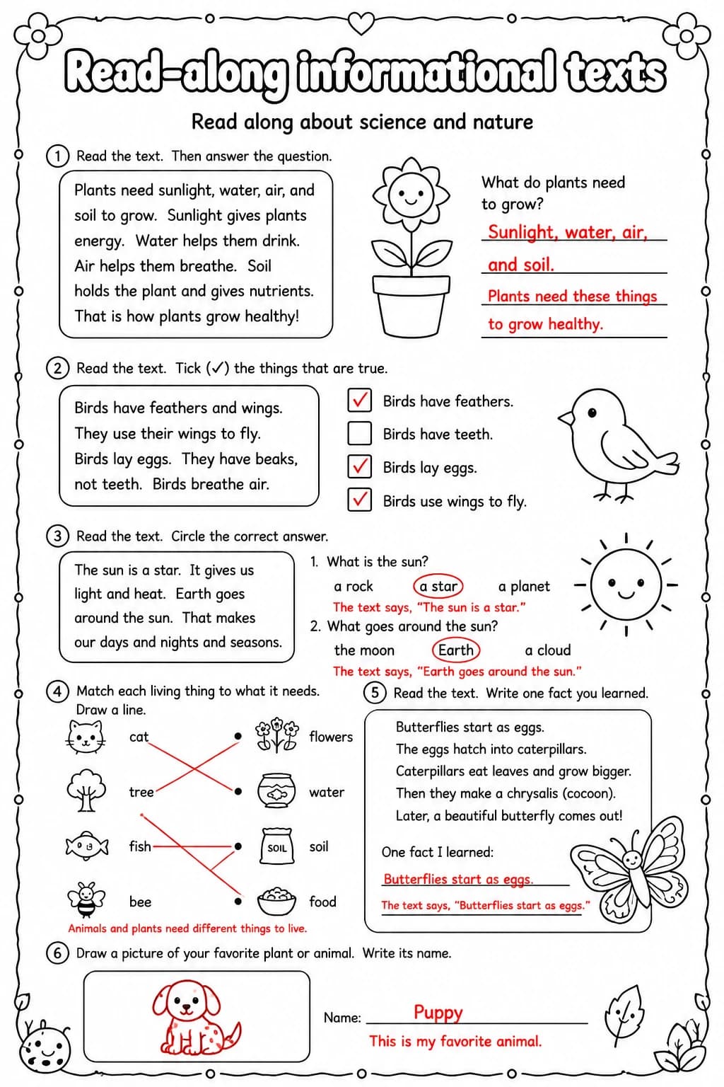 Answer key for Read along about science and nature — free printable English & Reading worksheet