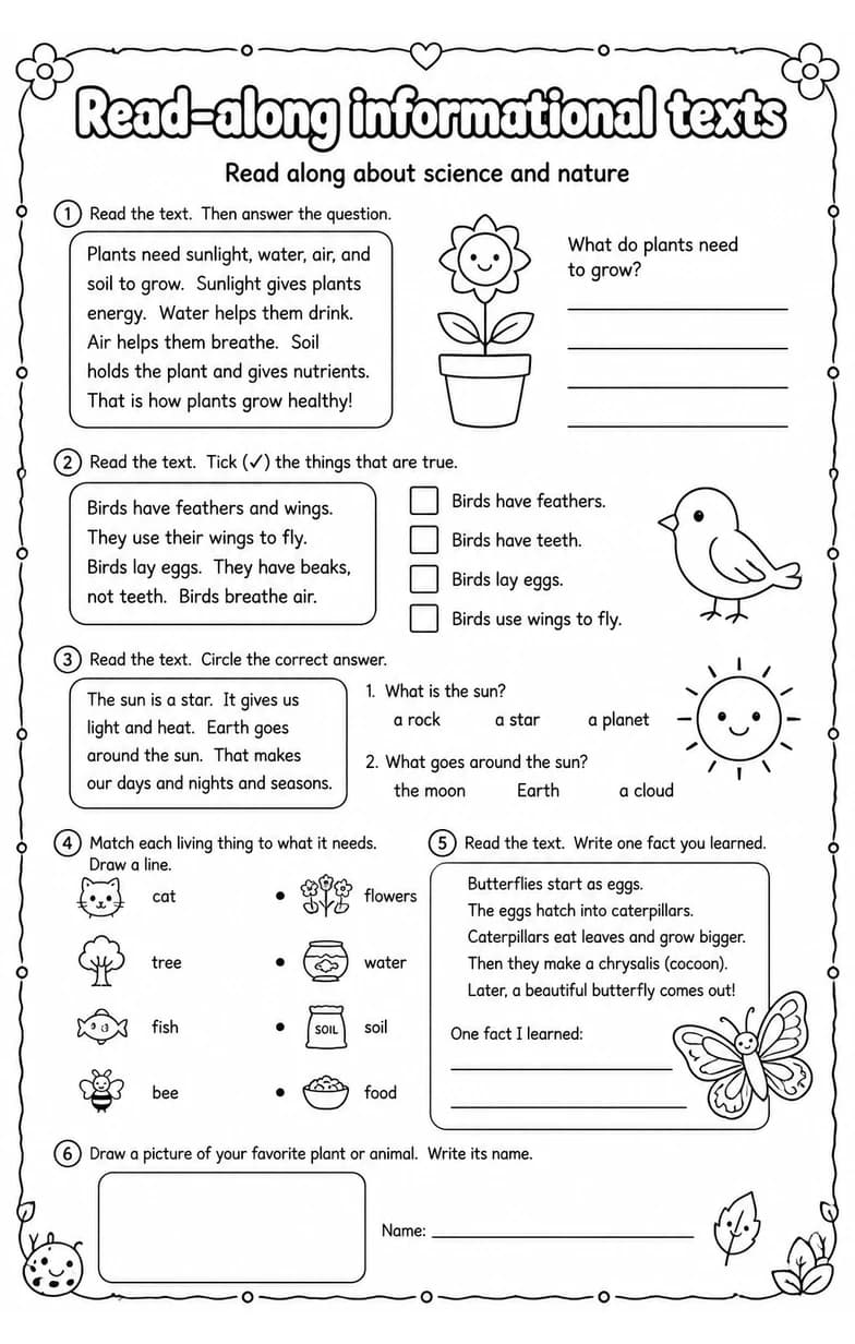Read along about science and nature — free printable Grade 1 English & Reading worksheet