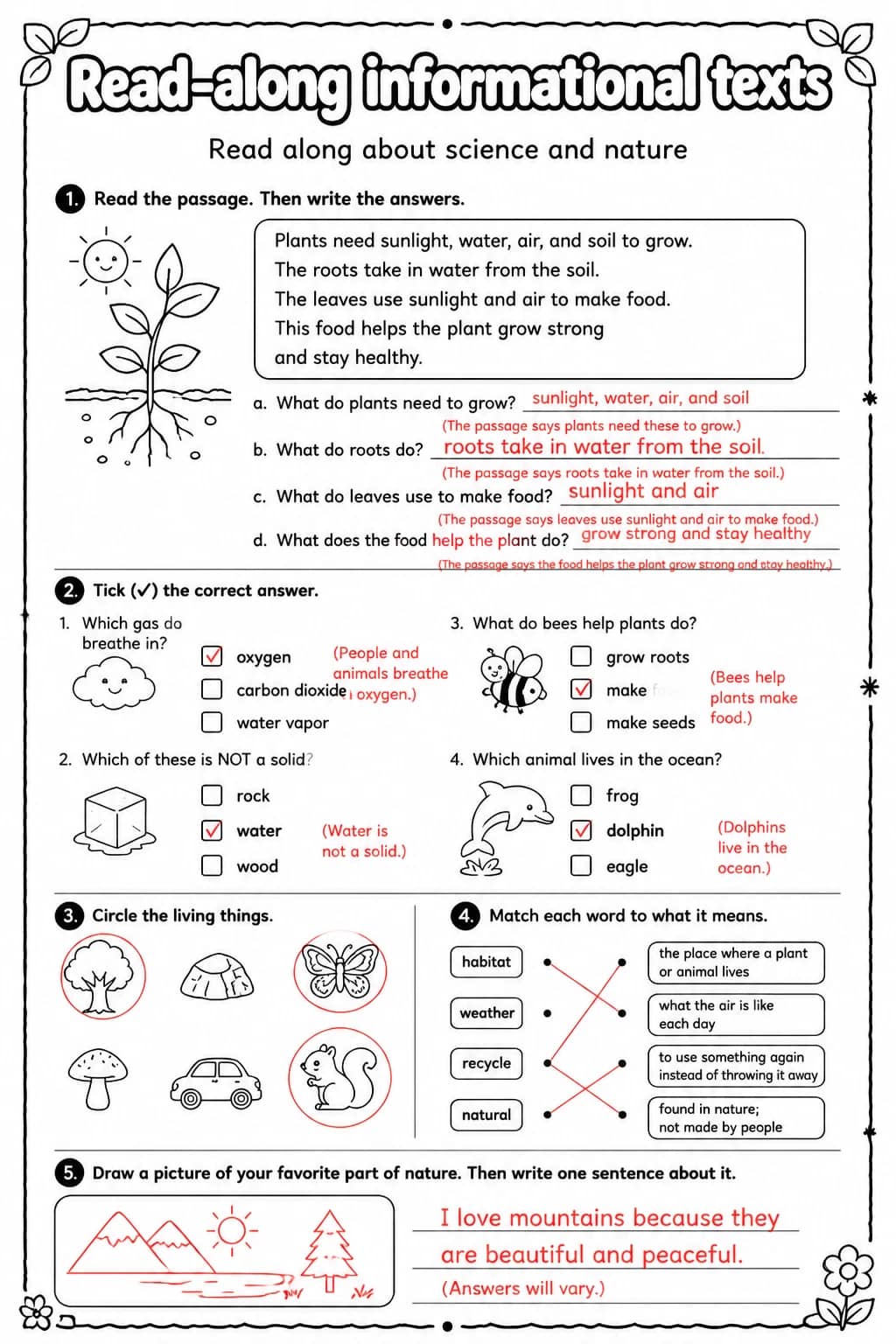 Answer key for Read along about science and nature — free printable English & Reading worksheet