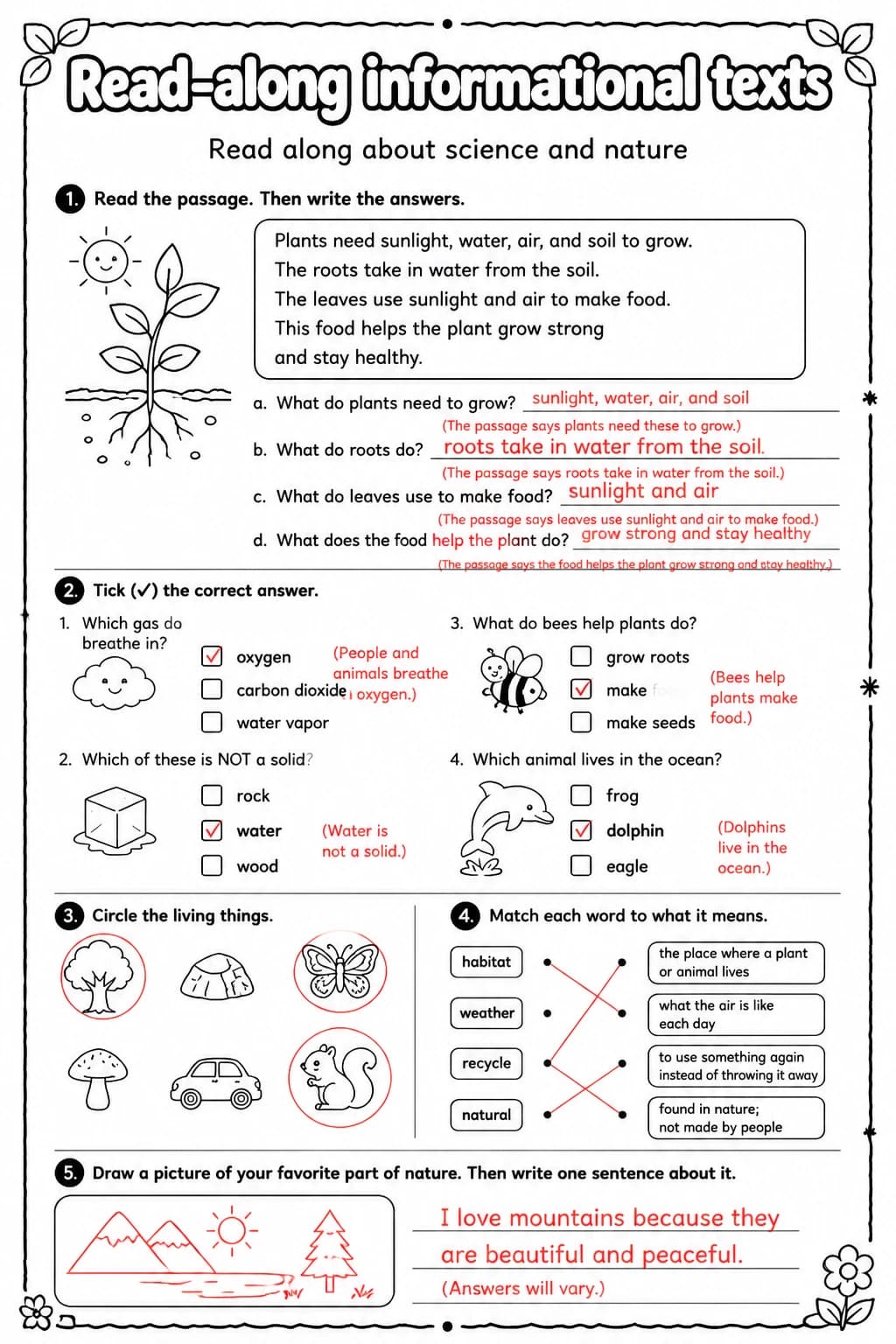 Answer key for Read along about science and nature — free printable English & Reading worksheet
