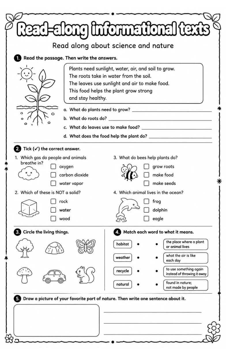 Read along about science and nature — free printable Reading strategies English worksheet