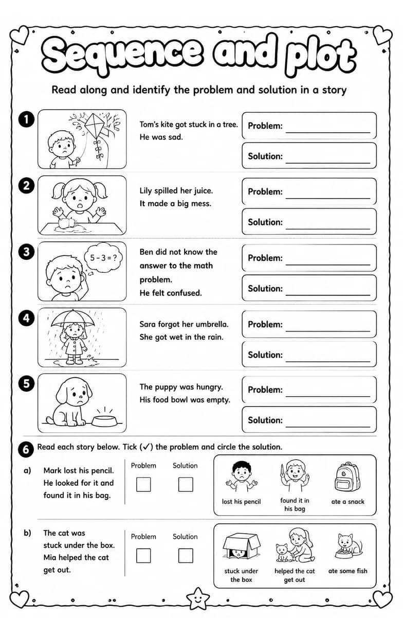 Read along and identify the problem and solution in a story — free printable Reading strategies English worksheet