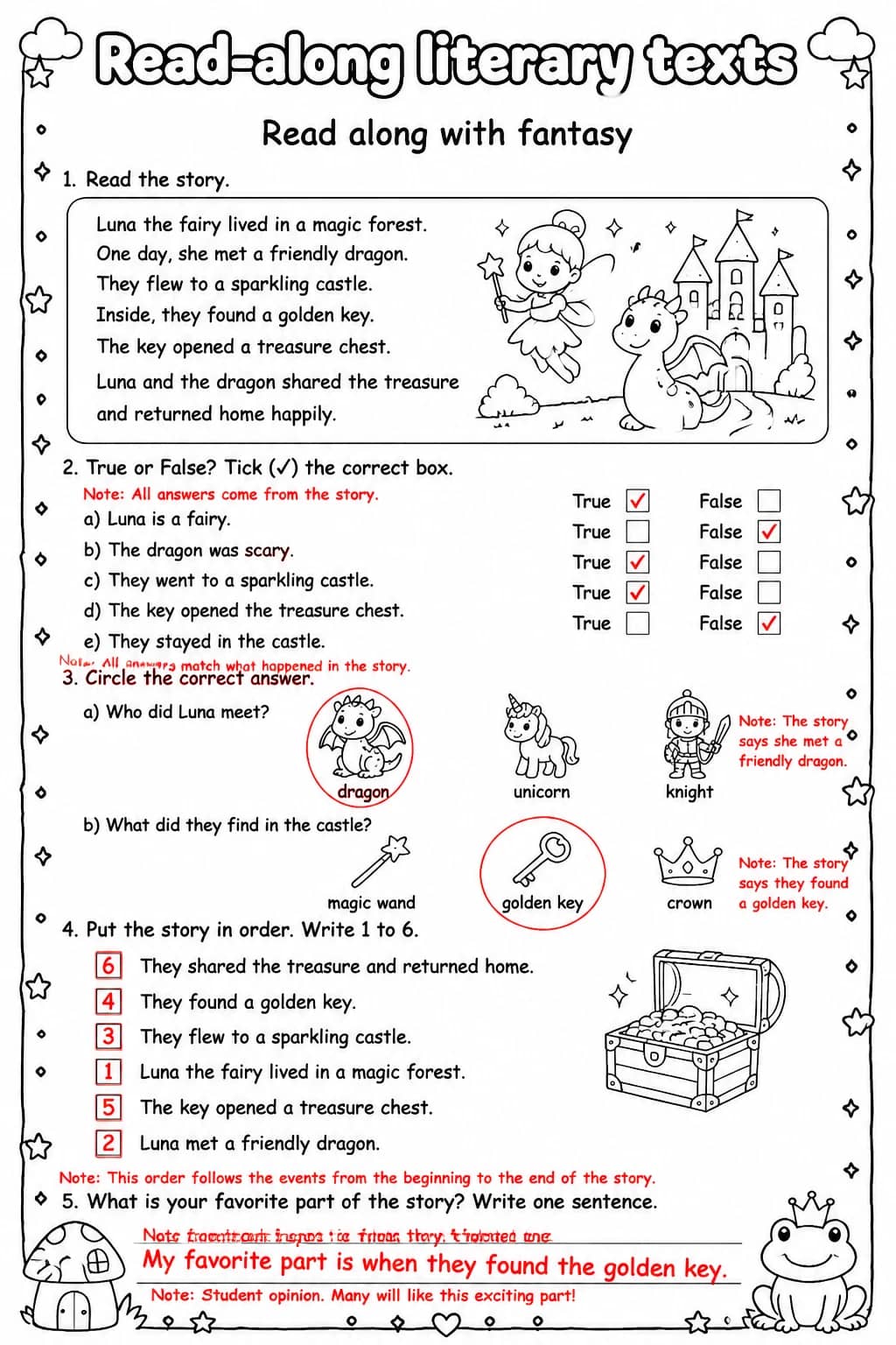 Answer key for Read along with fantasy — free printable English & Reading worksheet