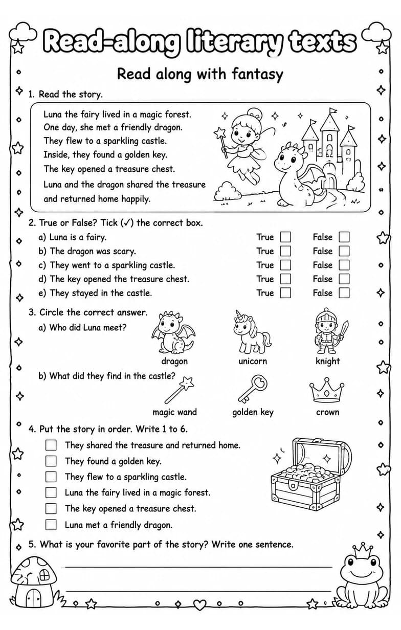 Read along with fantasy — free printable Grade 1 English & Reading worksheet