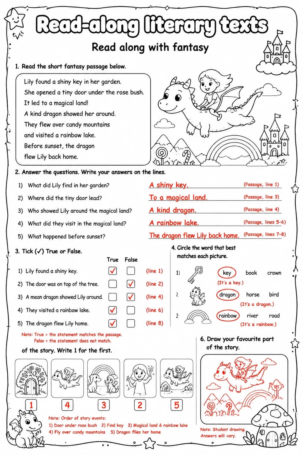 Answer key for Read along with fantasy — free printable English & Reading worksheet