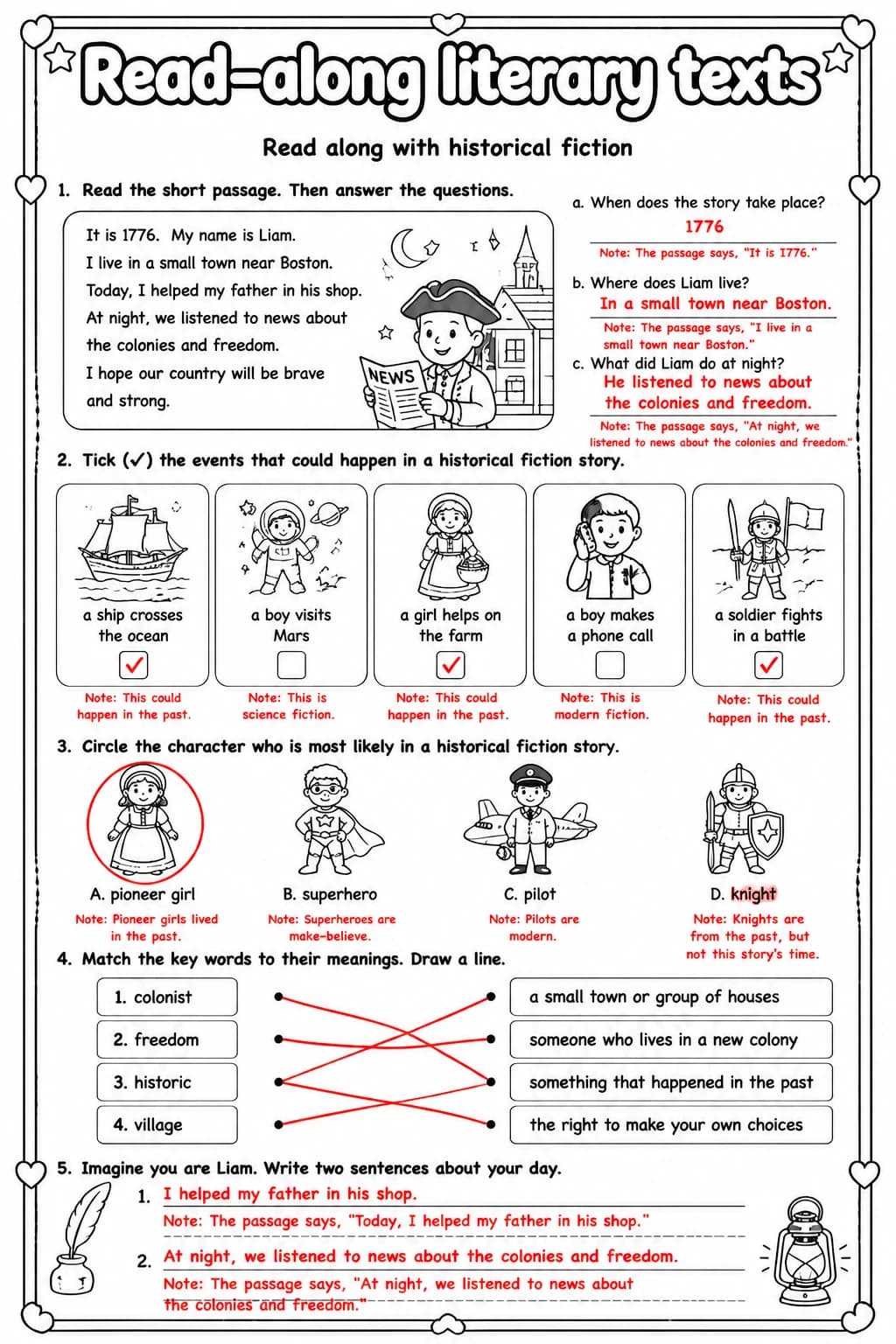 Answer key for Read along with historical fiction — free printable English & Reading worksheet