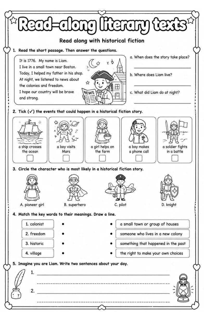 Read along with historical fiction — free printable Reading strategies English worksheet