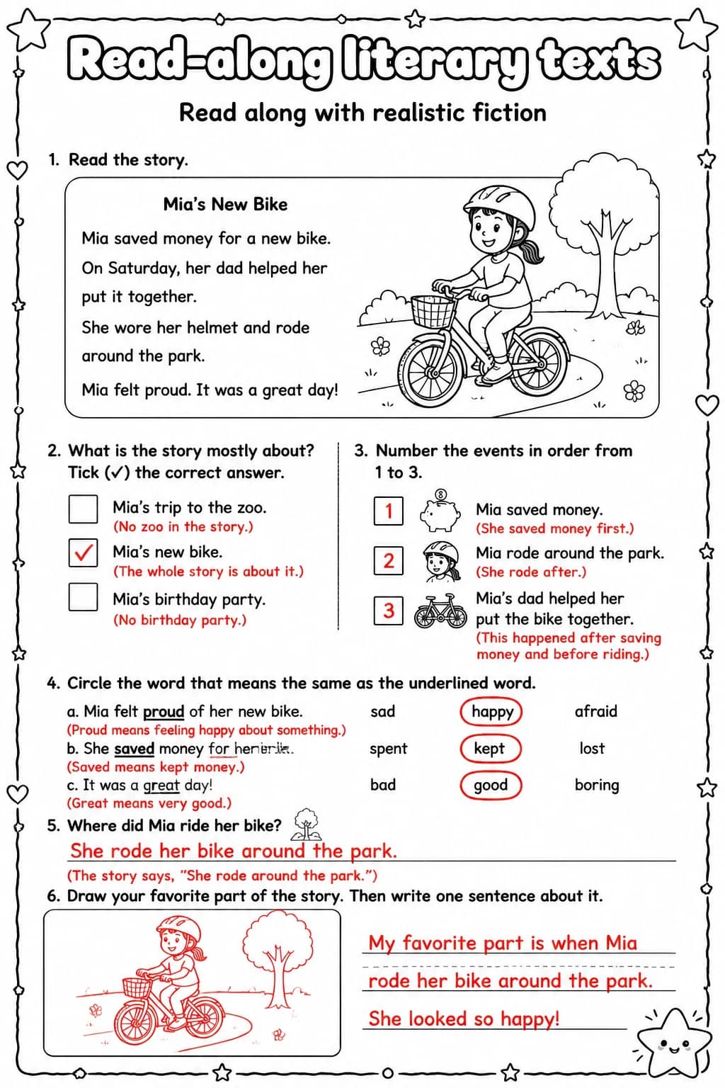 Answer key for Read along with realistic fiction — free printable English & Reading worksheet