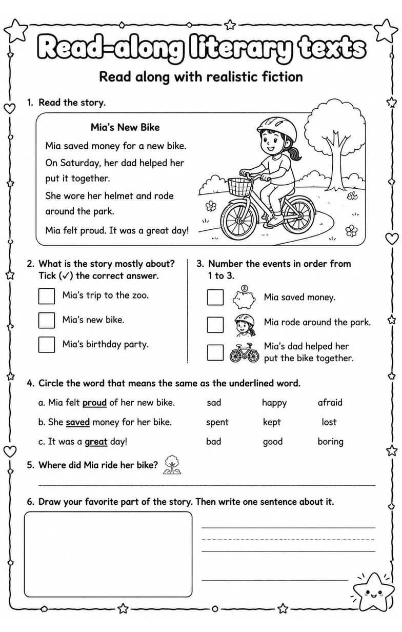Read along with realistic fiction — free printable Grade 1 English & Reading worksheet