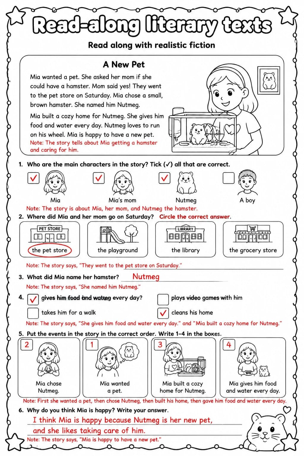 Answer key for Read along with realistic fiction — free printable English & Reading worksheet