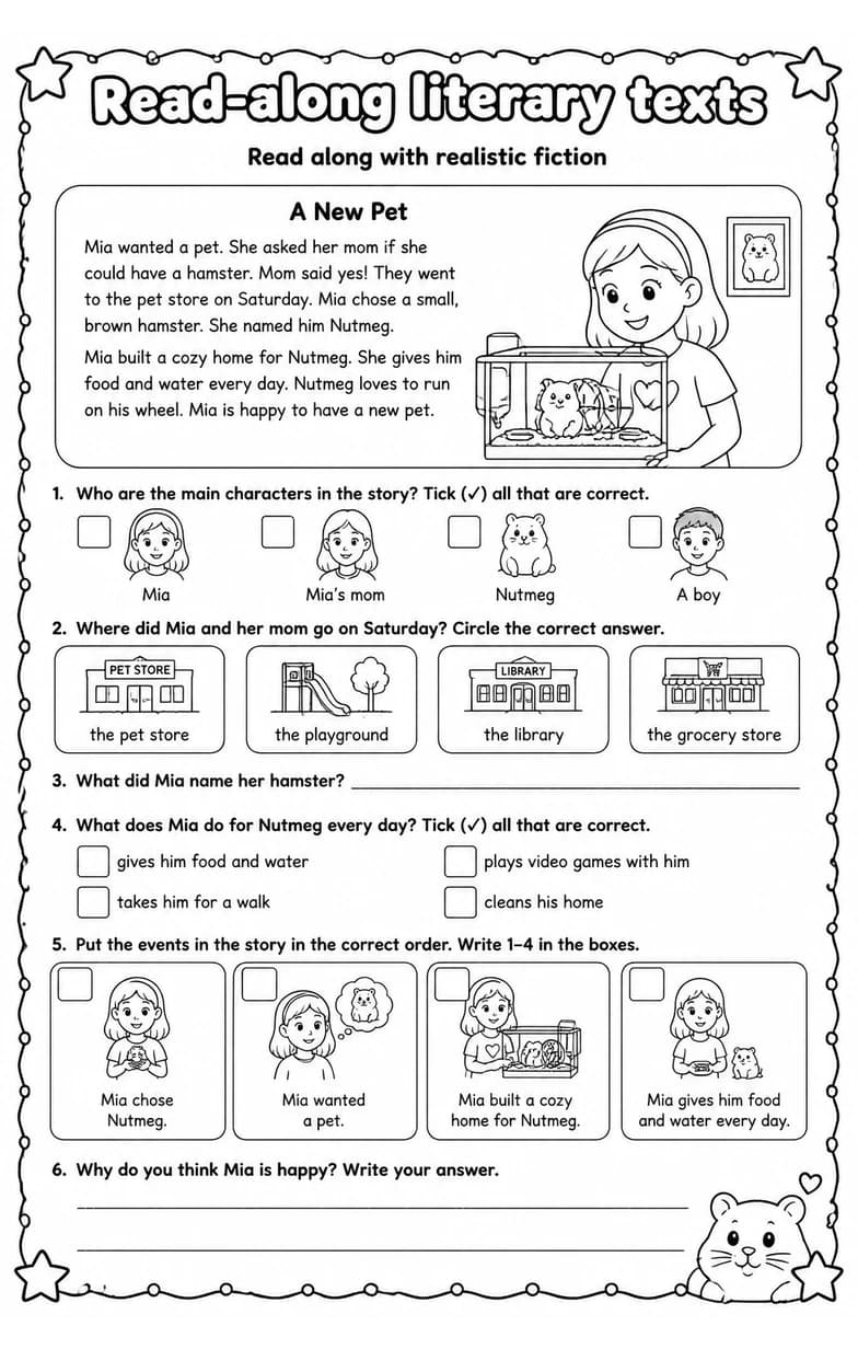 Read along with realistic fiction — free printable Reading strategies English worksheet