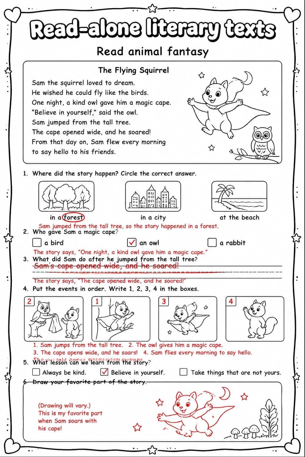 Answer key for Read animal fantasy — free printable English & Reading worksheet