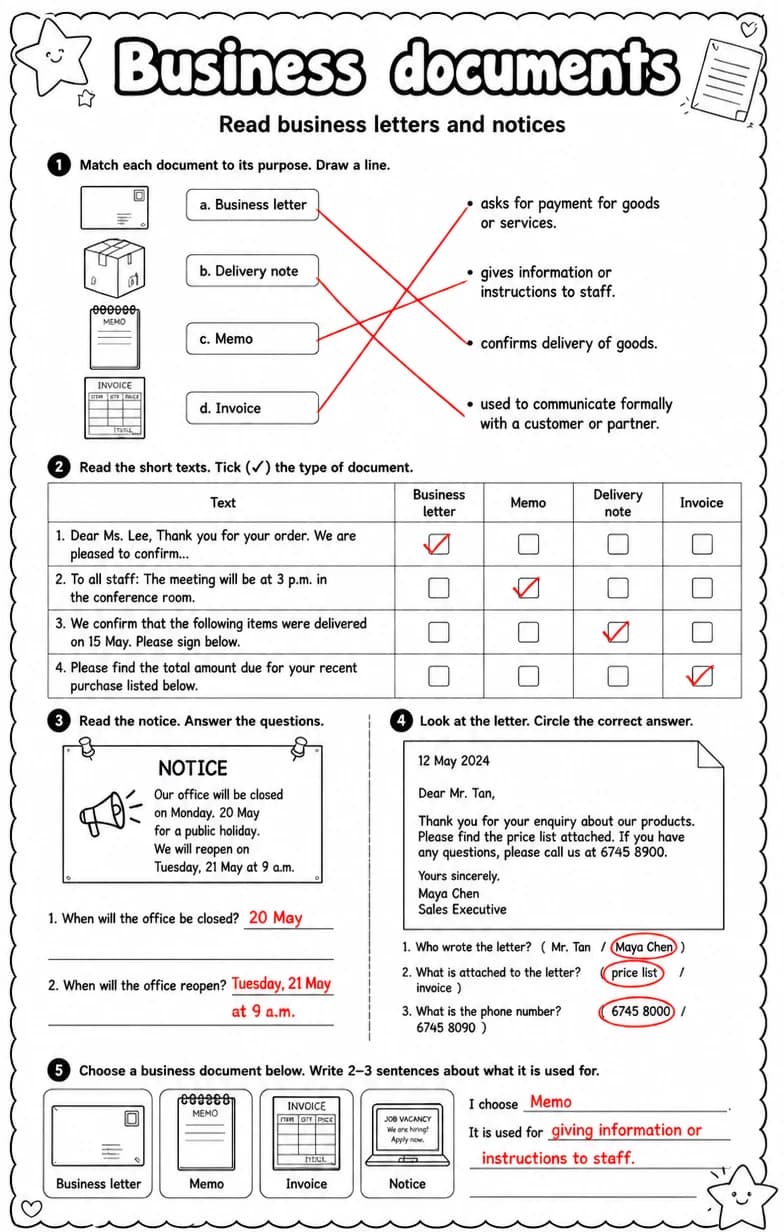Answer key for Read business letters and notices — free printable English & Reading worksheet