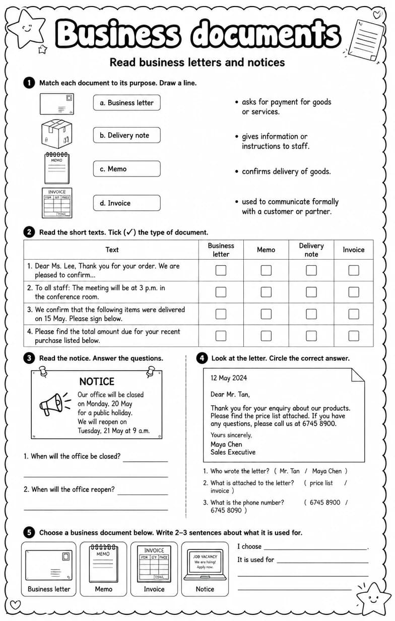 Read business letters and notices — free printable Reading strategies English worksheet