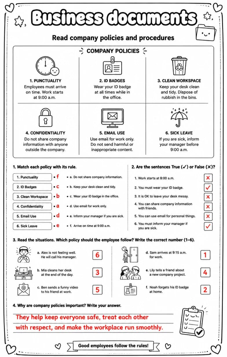 Answer key for Read company policies and procedures — free printable English & Reading worksheet