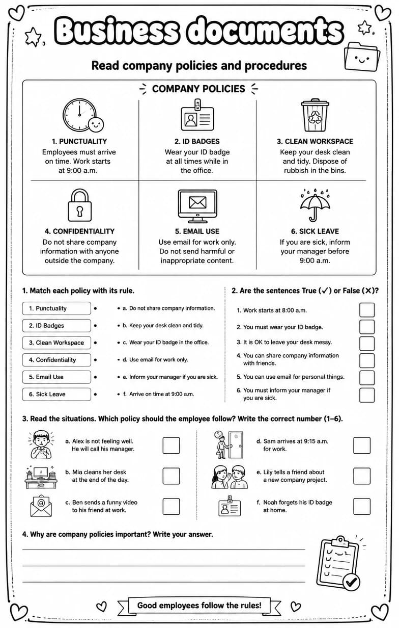 Read company policies and procedures — free printable Reading strategies English worksheet