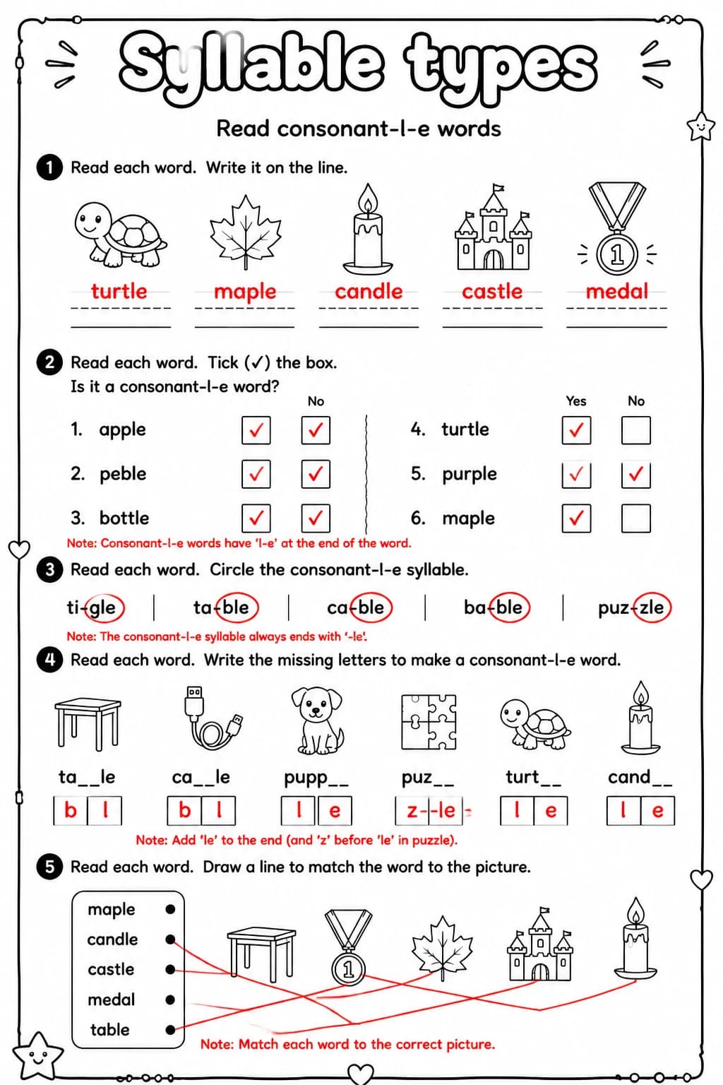 Answer key for Read consonant-l-e words — free printable English & Reading worksheet