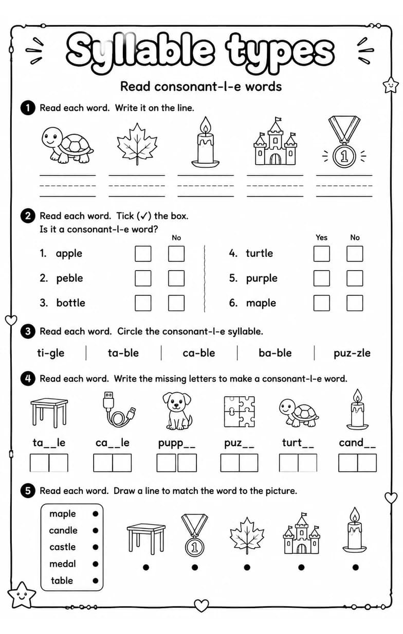 Read consonant-l-e words — free printable Grade 2 English & Reading worksheet