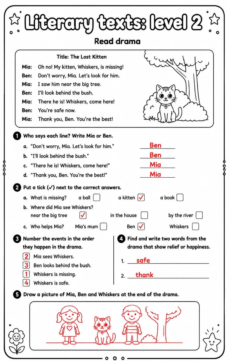 Answer key for Read drama — free printable English & Reading worksheet