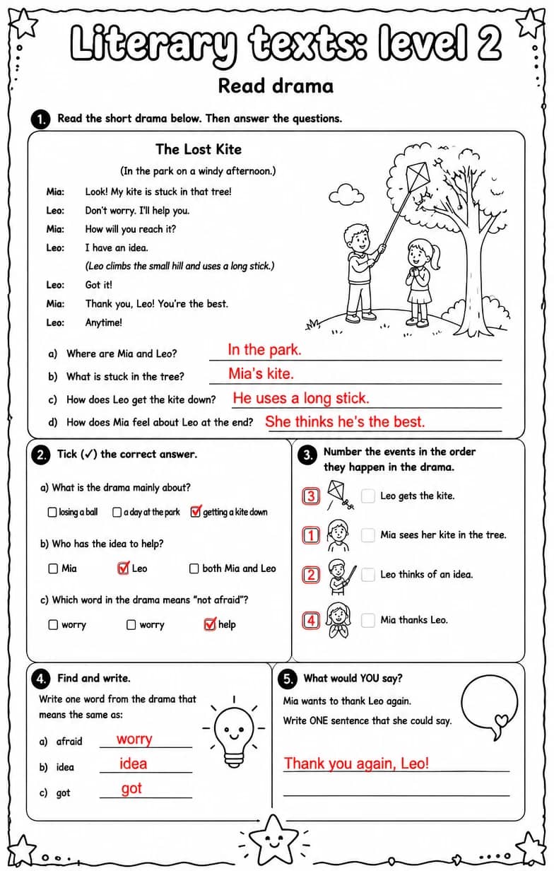 Answer key for Read drama — free printable English & Reading worksheet